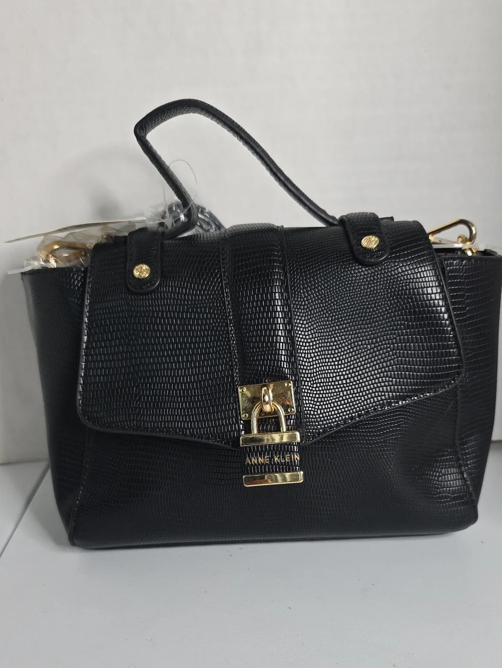 Anne Klein Black Lizard-Embossed Top-Handle Satchel with Gold Hardware